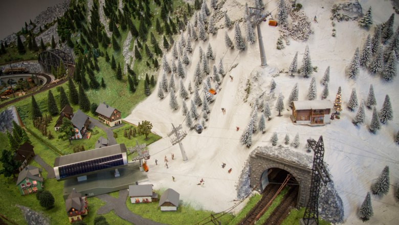 The fascination of model making, © Rene Jagersberger Model landscape with mountains, skiers, cable car and railroad tunnel.