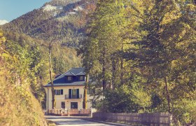 Schlosstaverne am Lunzer See, © Schlosstaverne Lunz/Martin Stellnberger Ein gelbes Gebäude, umgeben von Bäumen, vor einem bewaldeten Berg mit Schnee auf der Spitze.