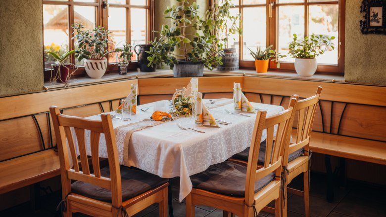 Helles, einladendes Gastzimmer zum Verweilen, © Niederösterreich Werbung/Daniela Führer Einladendes Gastzimmer mit gedecktem Tisch und Pflanzen am Fenster.
