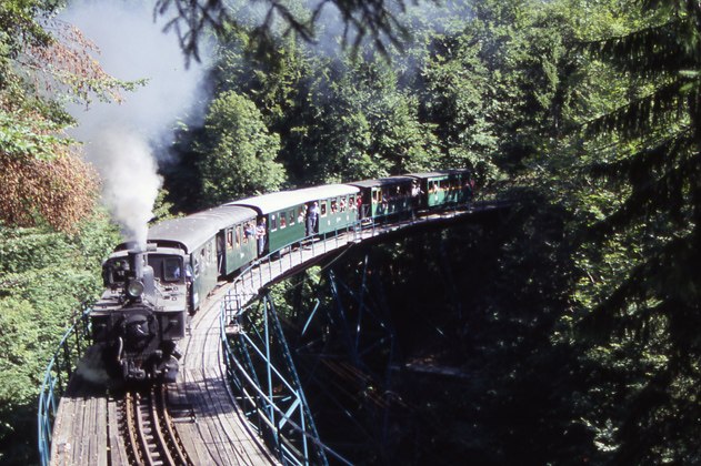 Ötscherland Express, © Ötscherland-Express Steam locomotive pulls historic wagons over a bridge in the forest.