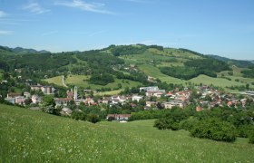 Marktgemeinde Traisen, © zVg Marktgemeinde Traisen Panoramablick auf die Marktgemeinde Traisen mit grünen Hügeln und Windrädern im Hintergrund.
