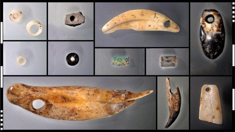 5500 Jahre alter Schmuck aus Kalzit, Kohle, Kupfer, Knochen, Zähnen und Muscheln, © Jakob Maurer 5500 Jahre alter Schmuck aus Kalzit, Kohle, Kupfer, Knochen, Zähnen und Muscheln, © Jakob Maurer