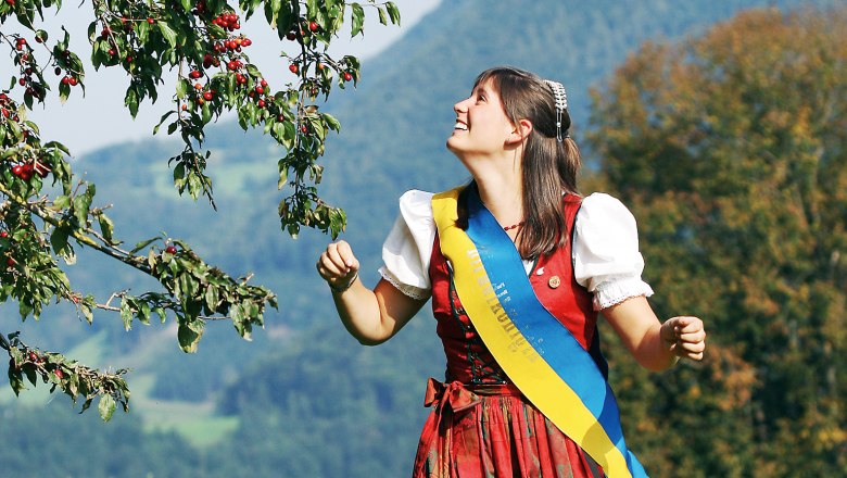 Kulturlandschaft mit der Dirndlfrucht, © weinfranz.at Frau in traditioneller Tracht steht unter einem Baum mit roten Früchten in einer ländlichen Landschaft.