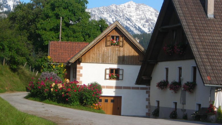 Ferienhaus Hintereck, © Ferienhaus Hintereck Ein Ferienhaus mit Blumen und Berg im Hintergrund.