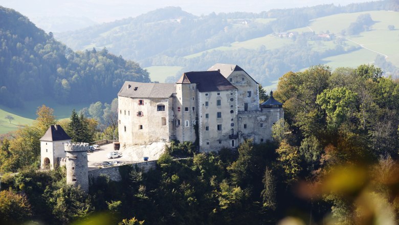 Burg Plankenstein, © Doris Schwarz König Burg Plankenstein auf einem Hügel mit umliegenden Wäldern und Hügeln im Hintergrund.