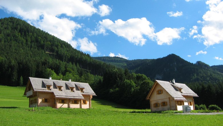 Lassing-Hochkar vacation village, © Friedrich Tippelreither Two wooden houses on a green meadow in front of wooded mountains and a blue sky.