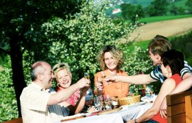 Jausentisch bei Euratsfeld, © weinfranz.at Gruppe von Menschen stößt an einem Tisch im Freien an.