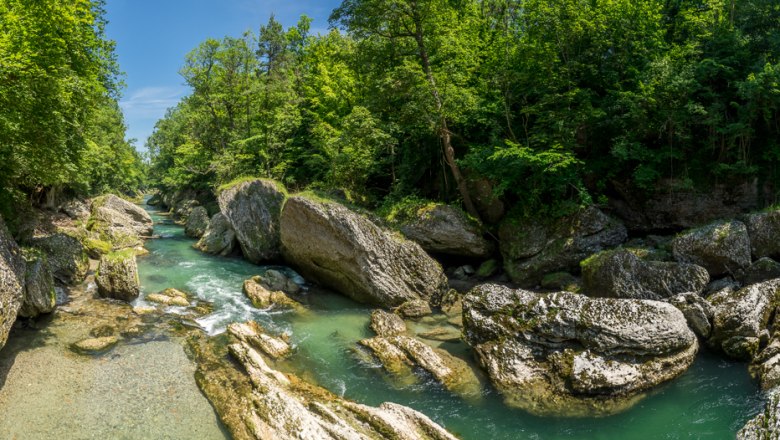 Erlaufschlucht, © blende21 - fabian istel photography Panoramablick auf die Erlaufschlucht mit türkisfarbenem Fluss und großen Felsen, umgeben von dichtem Wald.