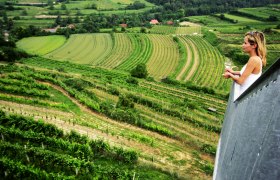 Blick vom Korkenzieher Traismauer, © Ahrenberger Kellergasse Frau mit Weinglas blickt von einem Aussichtspunkt auf grüne Weinberge.