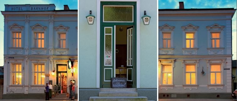 Gasthof Petra und Leopold Franzl, © zVg Dreiteiliges Bild eines historischen Gebäudes mit der Aufschrift 'Hotel Bahnhof'.