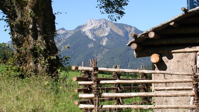 Pre-Alps, © Naturpark Eisenwurzen Mountain landscape with wooden fence and tree in the foreground.