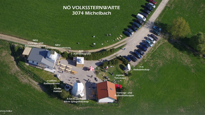Volkssternwarte Michelbach, © Johnny Gruber Luftaufnahme der Volkssternwarte Michelbach mit Gebäuden, Teleskopen und geparkten Autos.