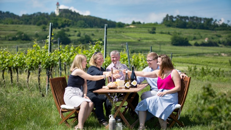 Convention Bureau St. Pölten, Incentive, © Markus Berger Group of people clinking glasses at a table in the vineyard.