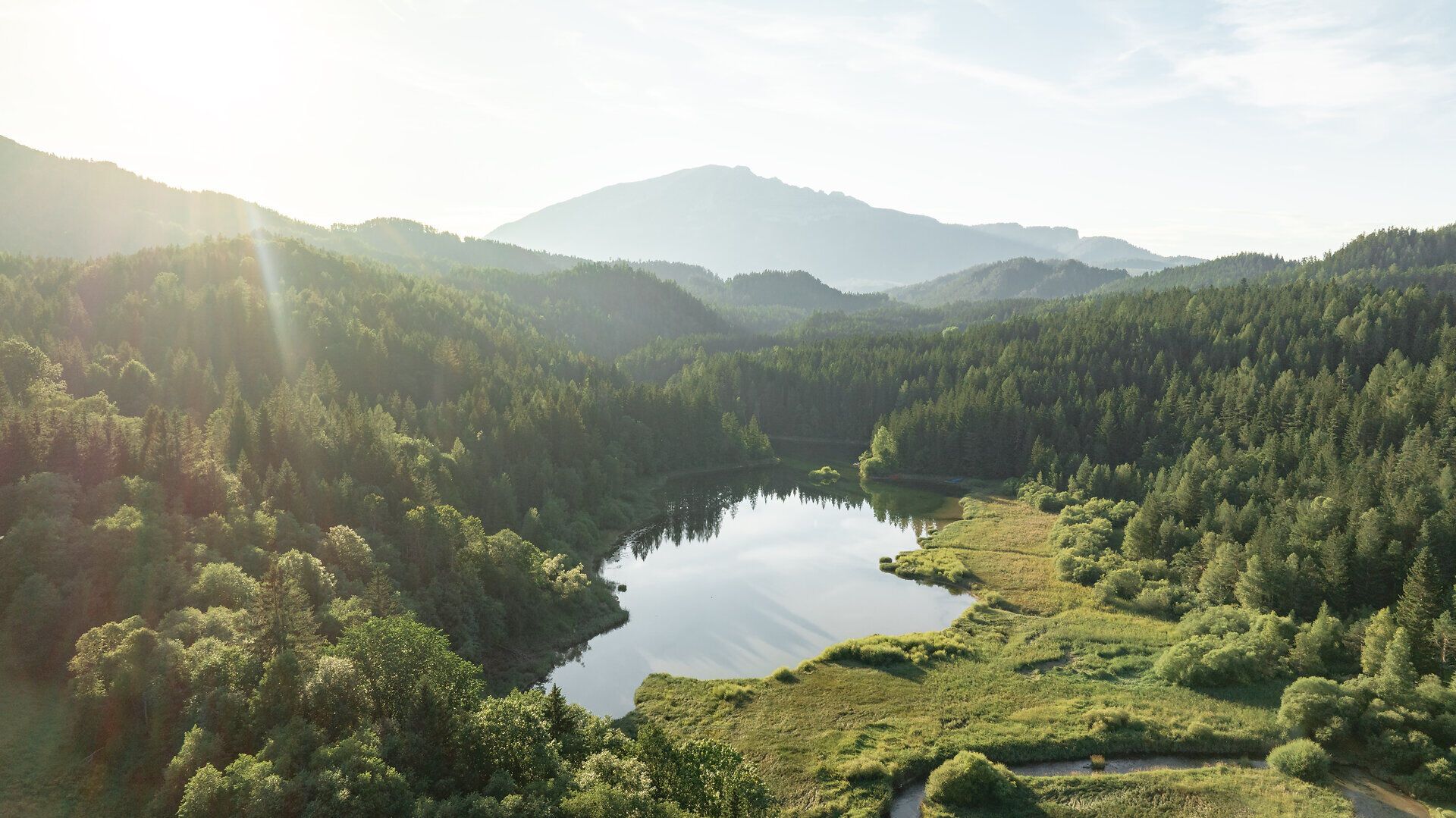 Die sanften Hügel und dichten Wälder umarmen den glitzernden See, während die Sonne sanft über die Berglandschaft strahlt. Hier, im Naturpark Ötscher-Tormäuer, entfaltet sich die Schönheit der Natur in voller Pracht und lädt Wanderer zu unvergesslichen Erlebnissen ein.