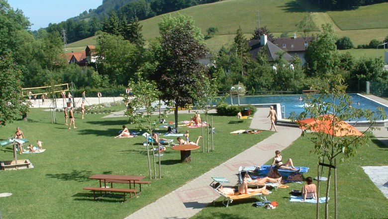 People relax on a lawn next to a swimming pool with a view of hills and trees.