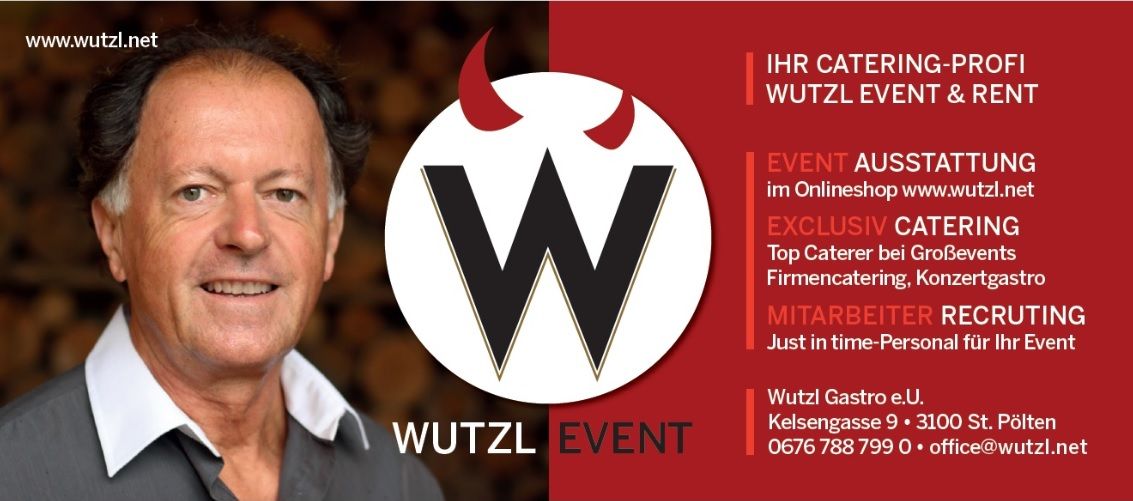 Werbung für Wutzl Event mit Foto eines Mannes und Firmeninformationen.