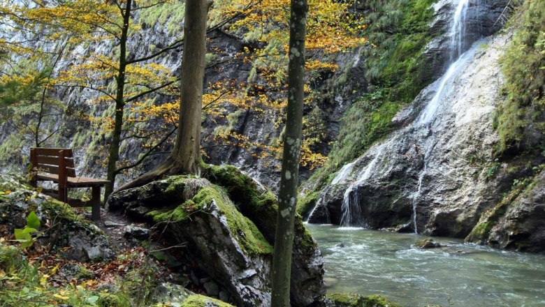 Bank am Fluss im Naturpark Ötscher Tormäuer mit Wasserfall und herbstlichen Bäumen.
