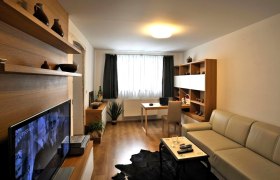 Modern eingerichtetes Wohnzimmer mit Sofa, Fernseher, Schreibtisch und Regalen.