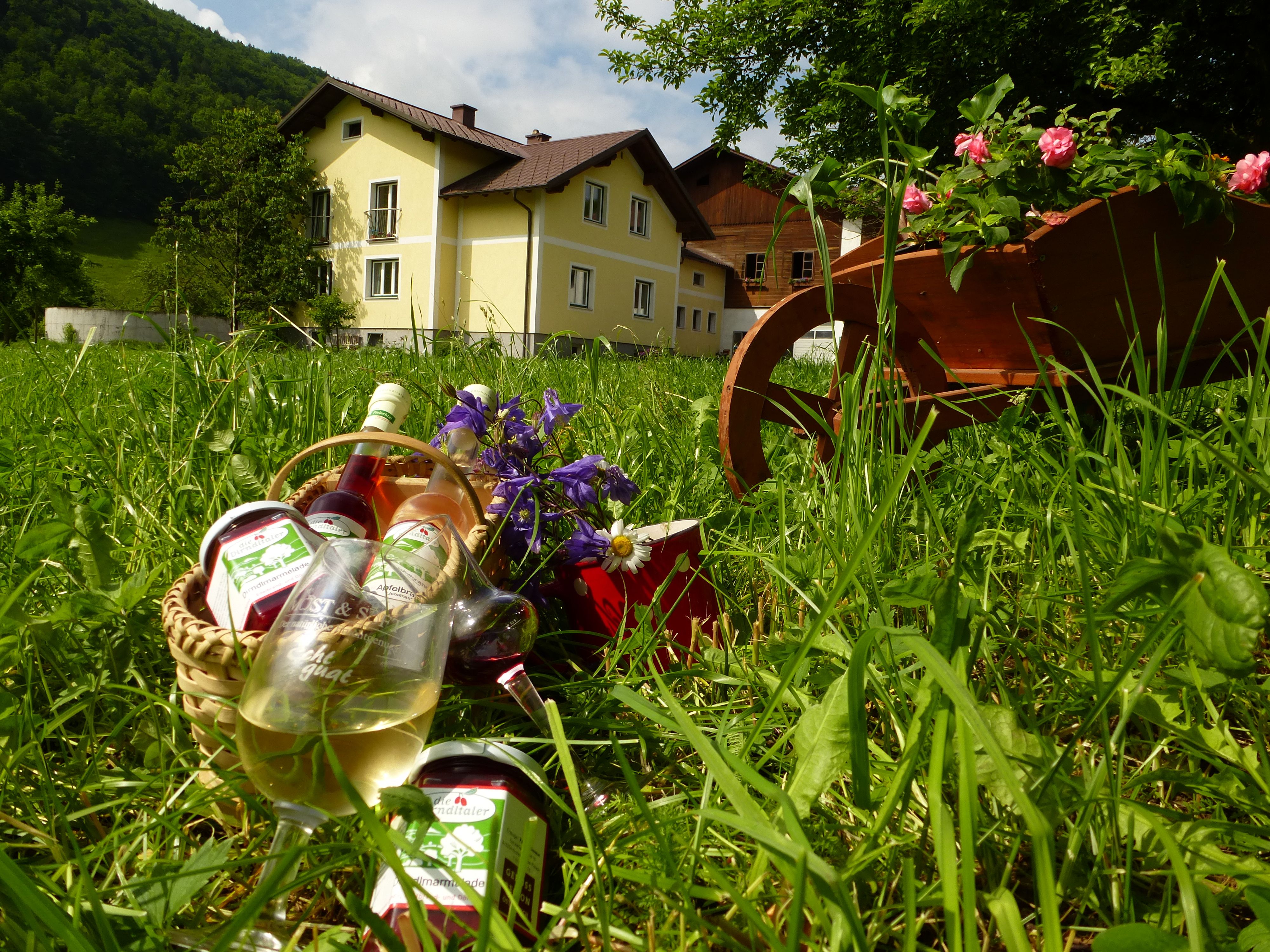 Ein gelbes Bauernhaus im Hintergrund, im Vordergrund ein Korb mit Gläsern und Flaschen auf einer Wiese.