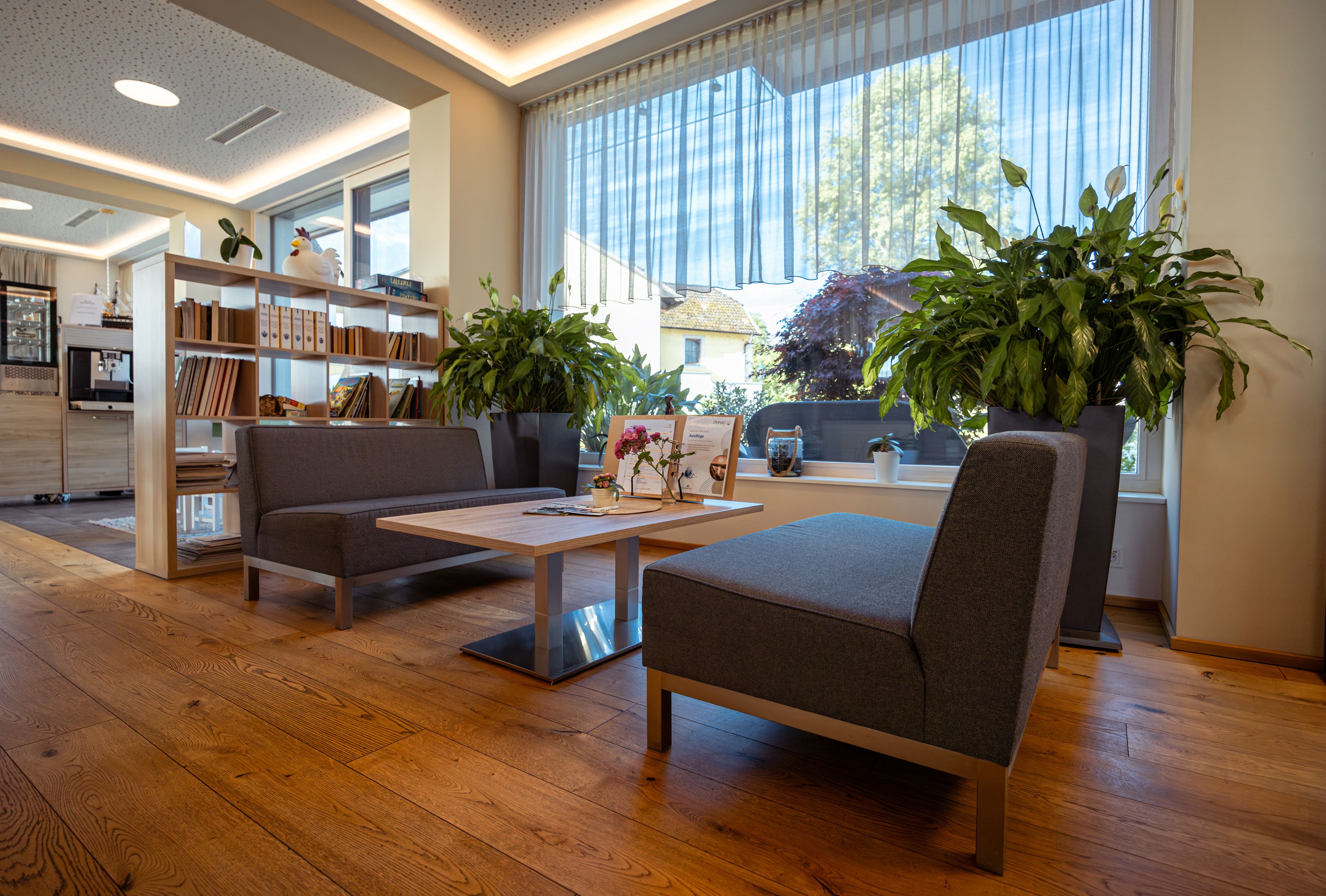 Innenansicht eines modernen Wartezimmers mit grauen Sofas, Holzboden und großen Pflanzen am Fenster.