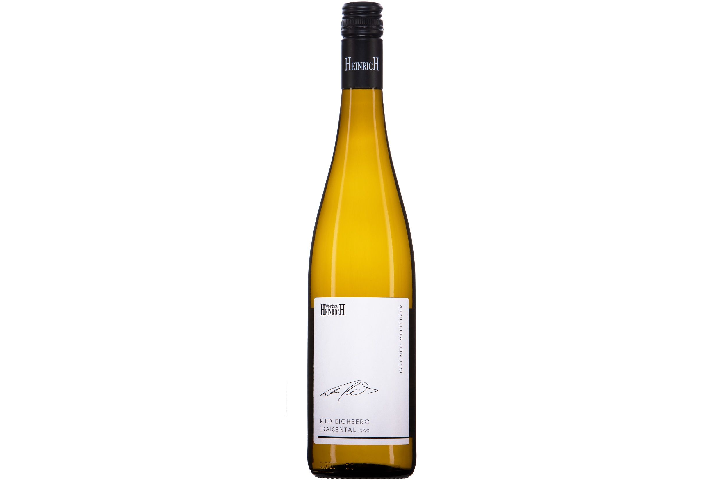 Flasche Grüner Veltliner Wein mit Etikett von Weingut Heinrich.