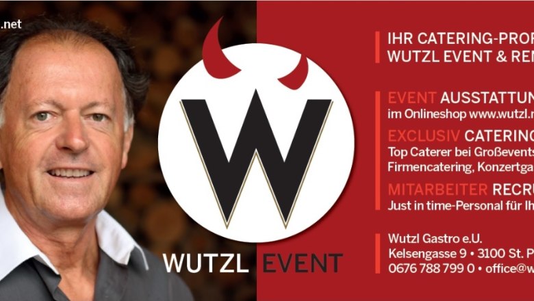 Werbung für Wutzl Event mit Foto eines Mannes und Firmeninformationen.