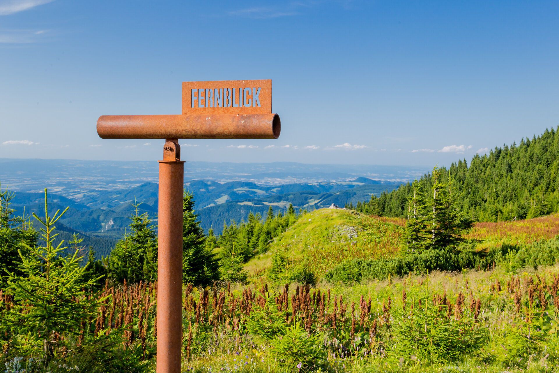 Ein atemberaubendes Panorama erstreckt sich über die sanften Hügel und dichten Wälder, während die klare Luft des Bergs erfrischt. Das Fernrohr lädt dazu ein, die Schönheit der Natur zu erkunden und die faszinierenden Ausblicke zu genießen. Hier, wo der Sommer in den Bergen seine volle Pracht entfaltet, wird jeder Schritt zu einem unvergesslichen Erlebnis.