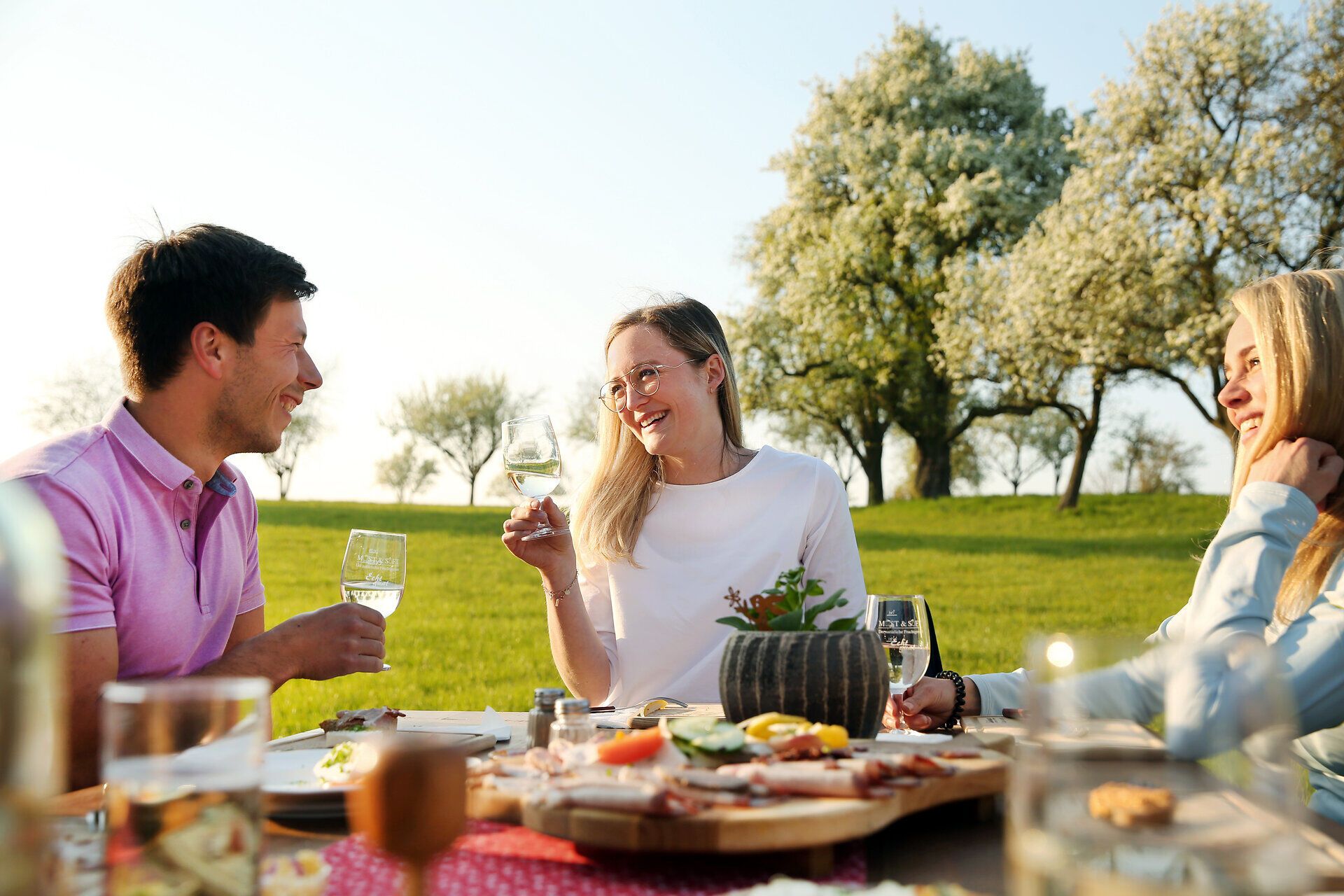 Inmitten der blühenden Birnbäume genießen Freunde einen fröhlichen Frühlingstag. Die Tafel ist reich gedeckt mit regionalen Köstlichkeiten und erfrischenden Getränken, während die Sonne sanft auf die Gesichter scheint. Hier, wo die Natur erblüht, wird das Zusammensein zu einem unvergesslichen Erlebnis.