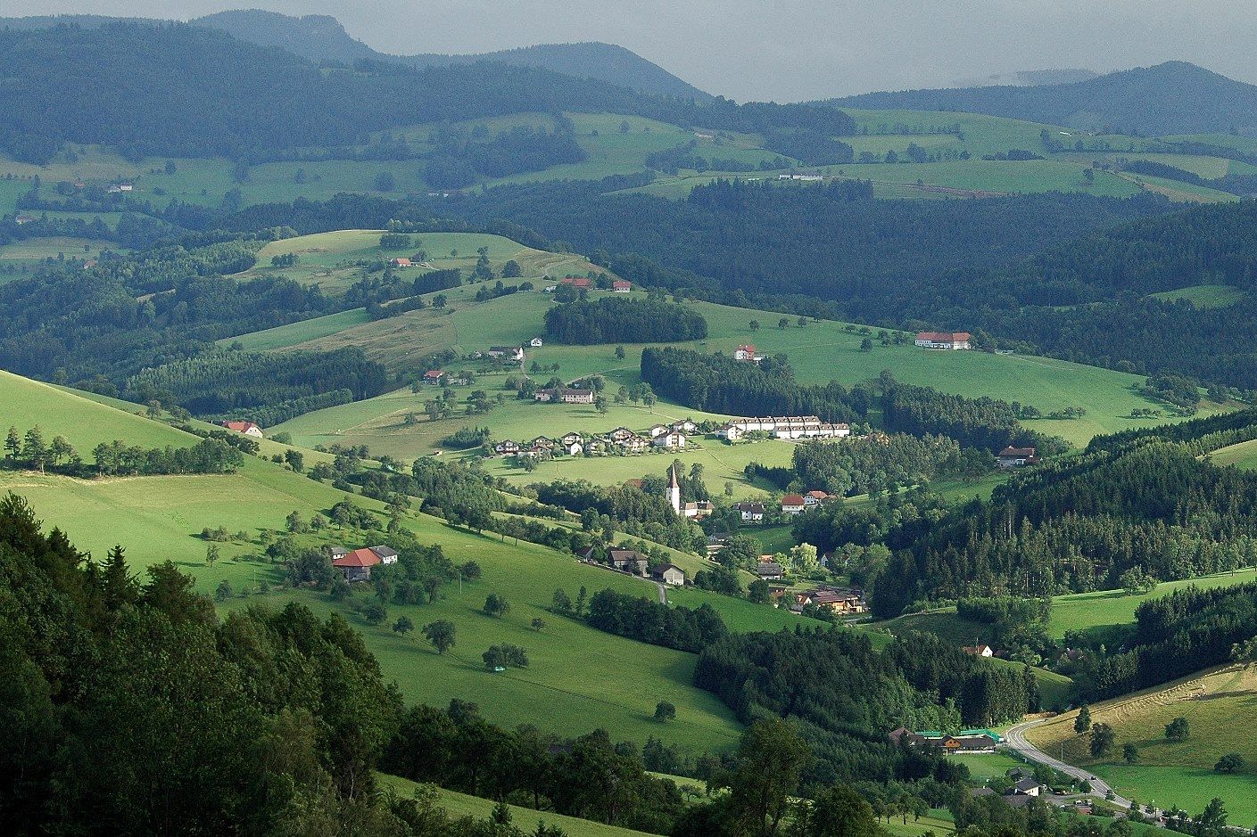 Panoramablick auf eine grüne, hügelige Landschaft mit verstreuten Häusern und Wäldern.