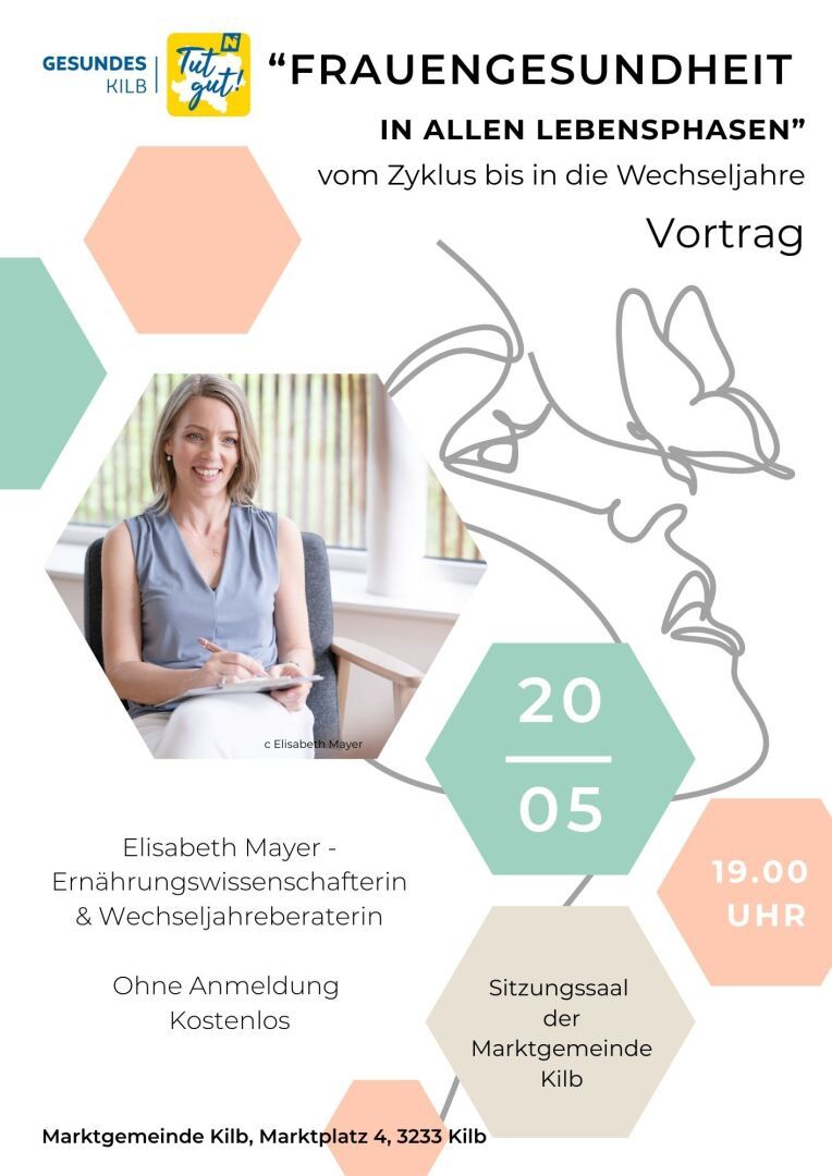 Plakat zum Vortrag - Bild der Vortragenden - im Hintergrund ein Frauengesicht mit einem Schmetterlin
