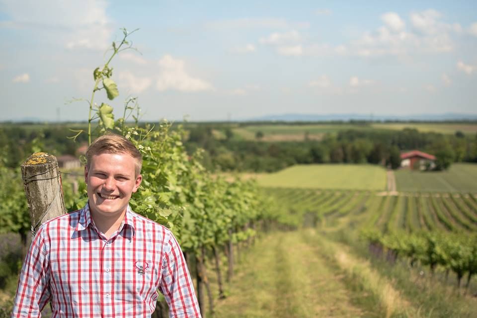 Ein lächelnder Mann steht in einem Weinberg mit weitem Blick über die Landschaft.