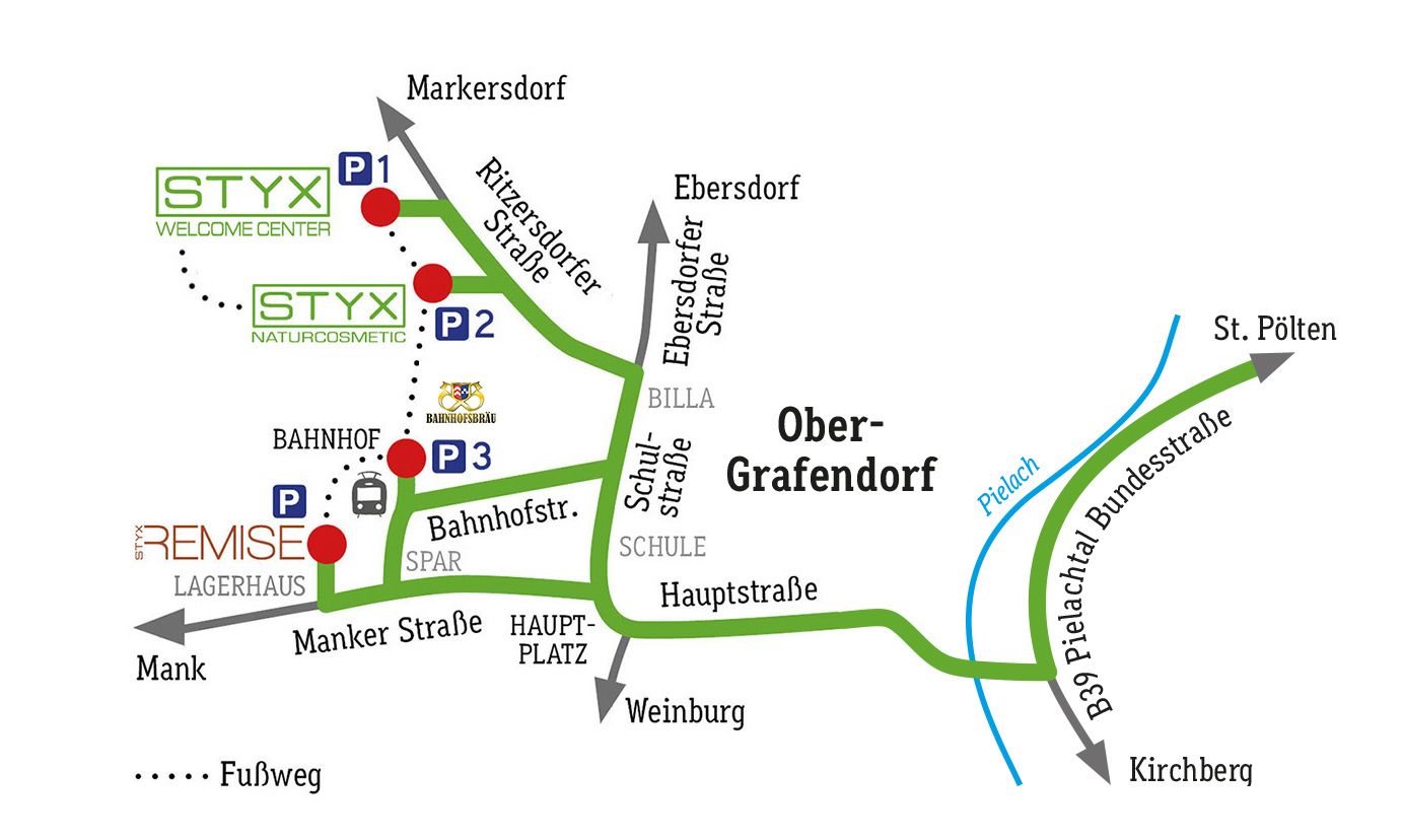 Karte von Ober-Grafendorf mit Straßen und Parkplätzen, zeigt Styx Welcome Center.