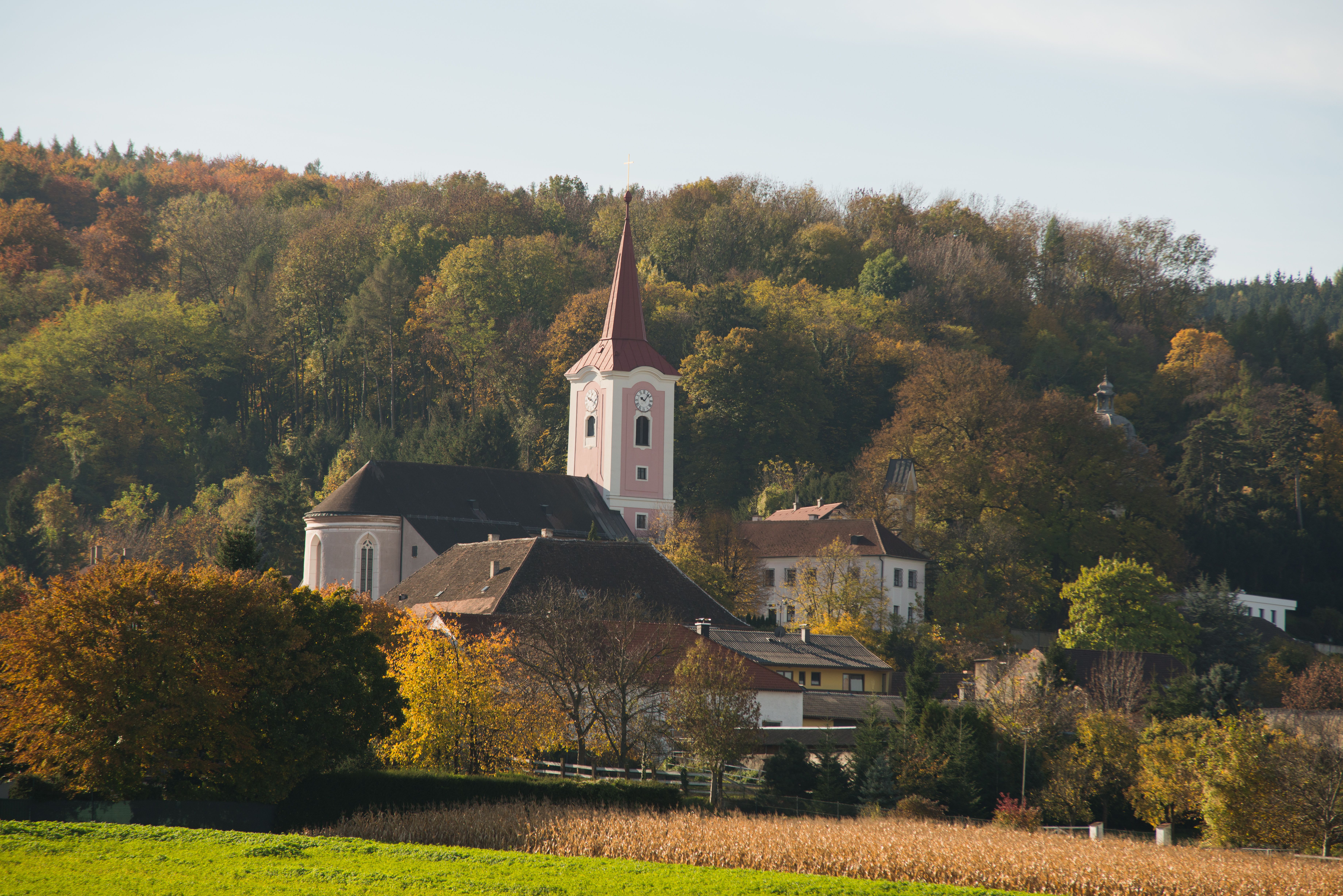 Kirche Murstetten in herbstlicher Landschaft mit Bäumen im Hintergrund.