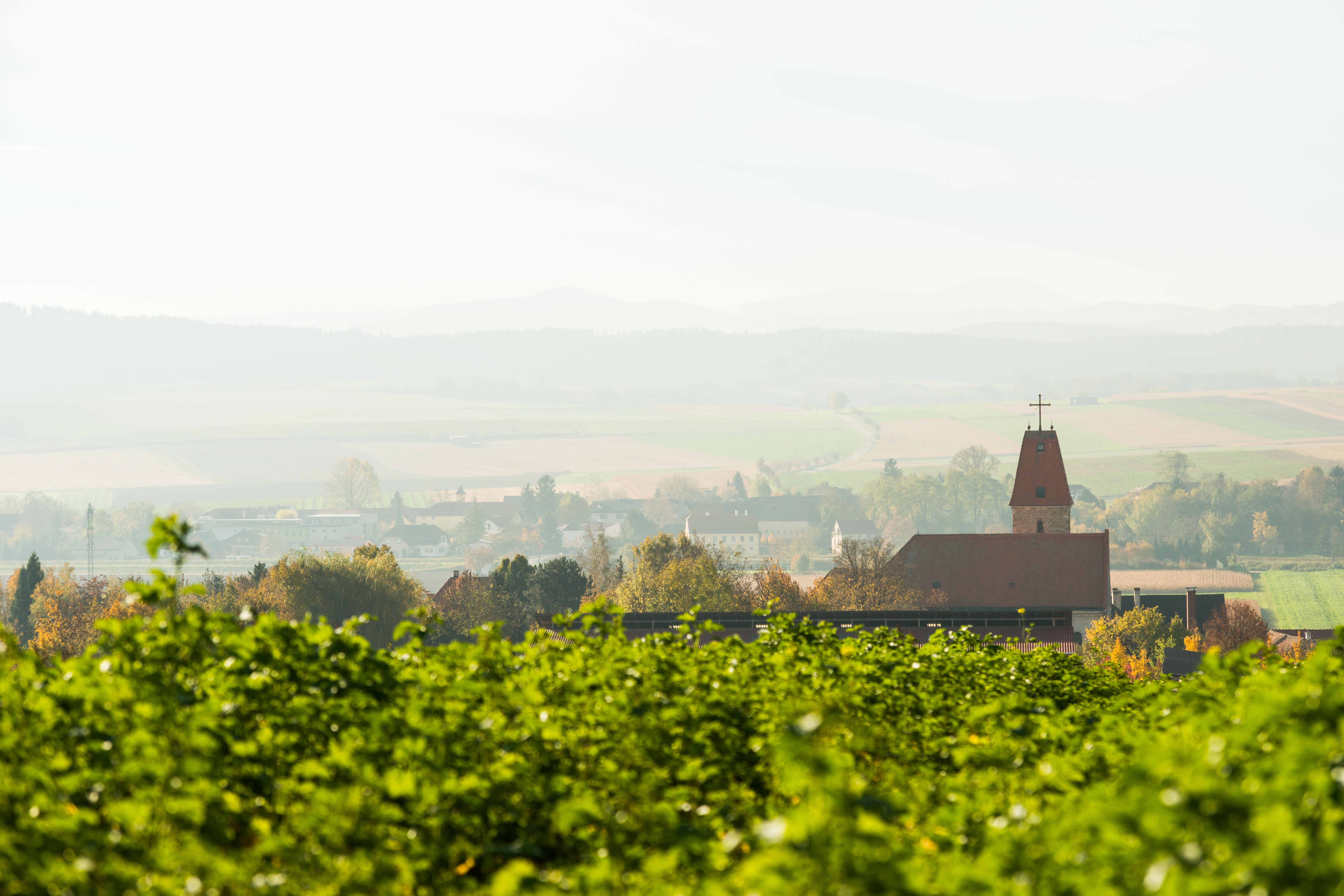 Landschaft mit Kirche und Feldern in Perschling.
