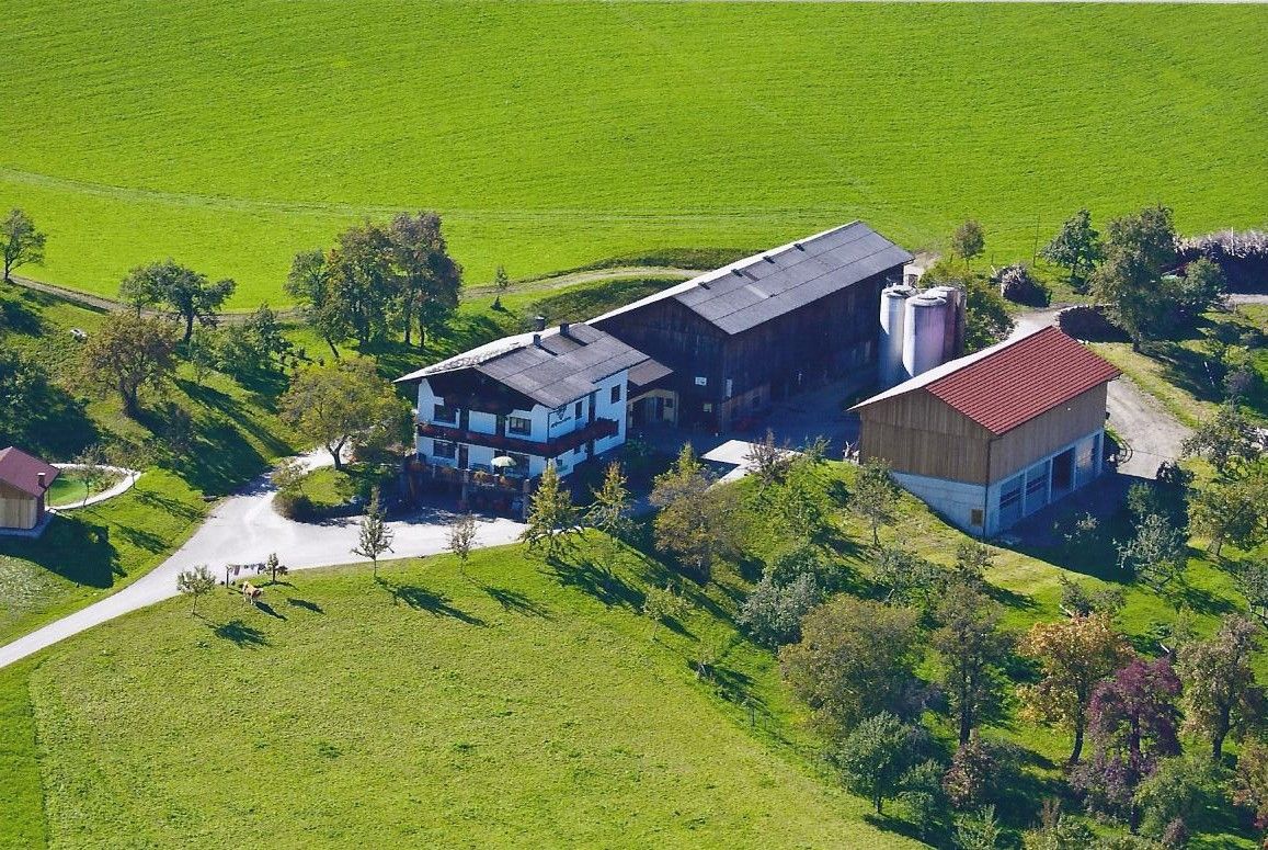 Luftaufnahme eines Bauernhofs mit grünen Wiesen und Bäumen.