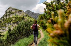 Ein malerischer Wanderweg schlängelt sich durch die üppige alpine Landschaft, umgeben von majestätischen Bergen und dichten Nadelwäldern. Die frische Bergluft und das sanfte Rauschen der Blätter laden dazu ein, die Natur in vollen Zügen zu genießen.