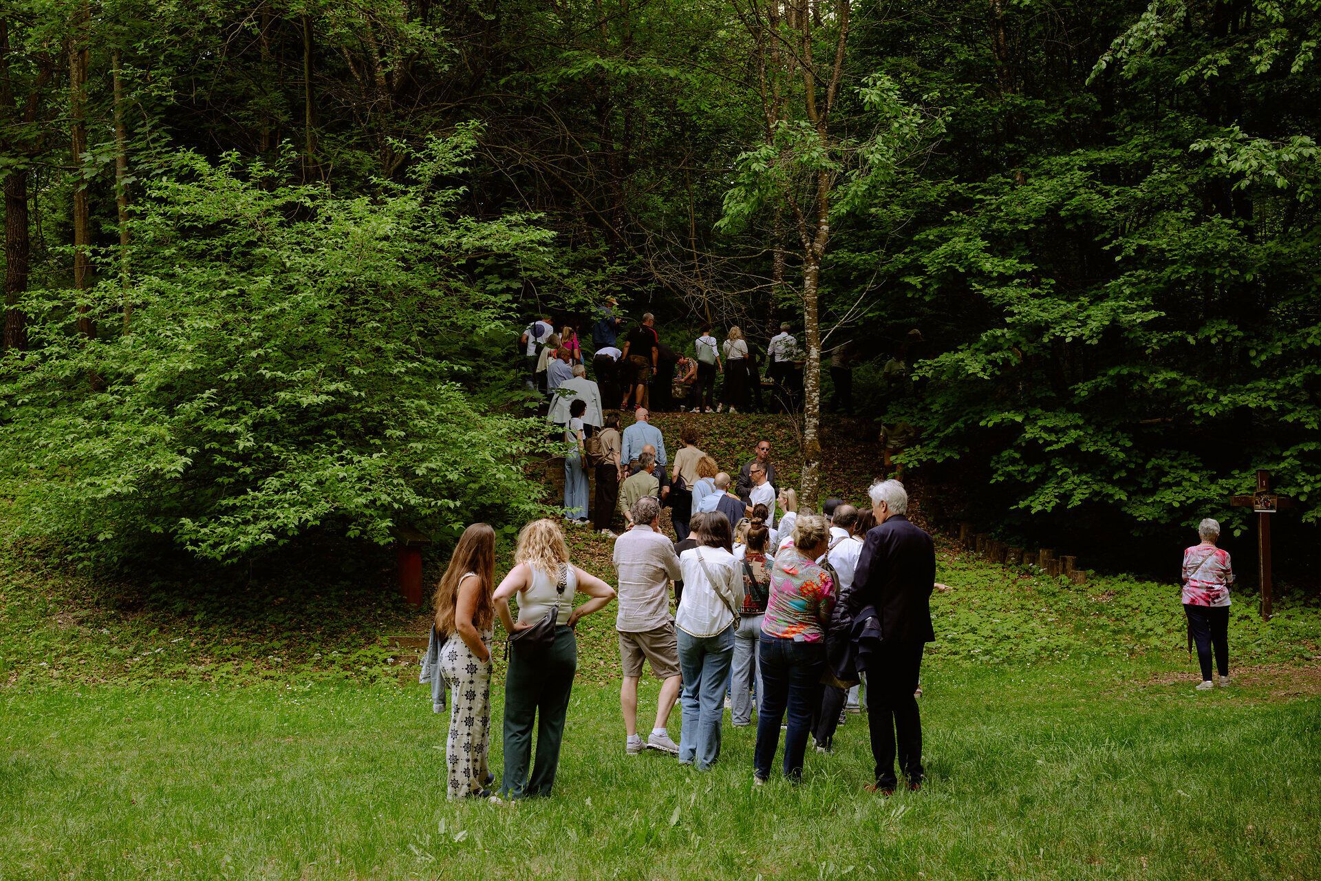 Besuchergruppe spaziert durch den Wald.