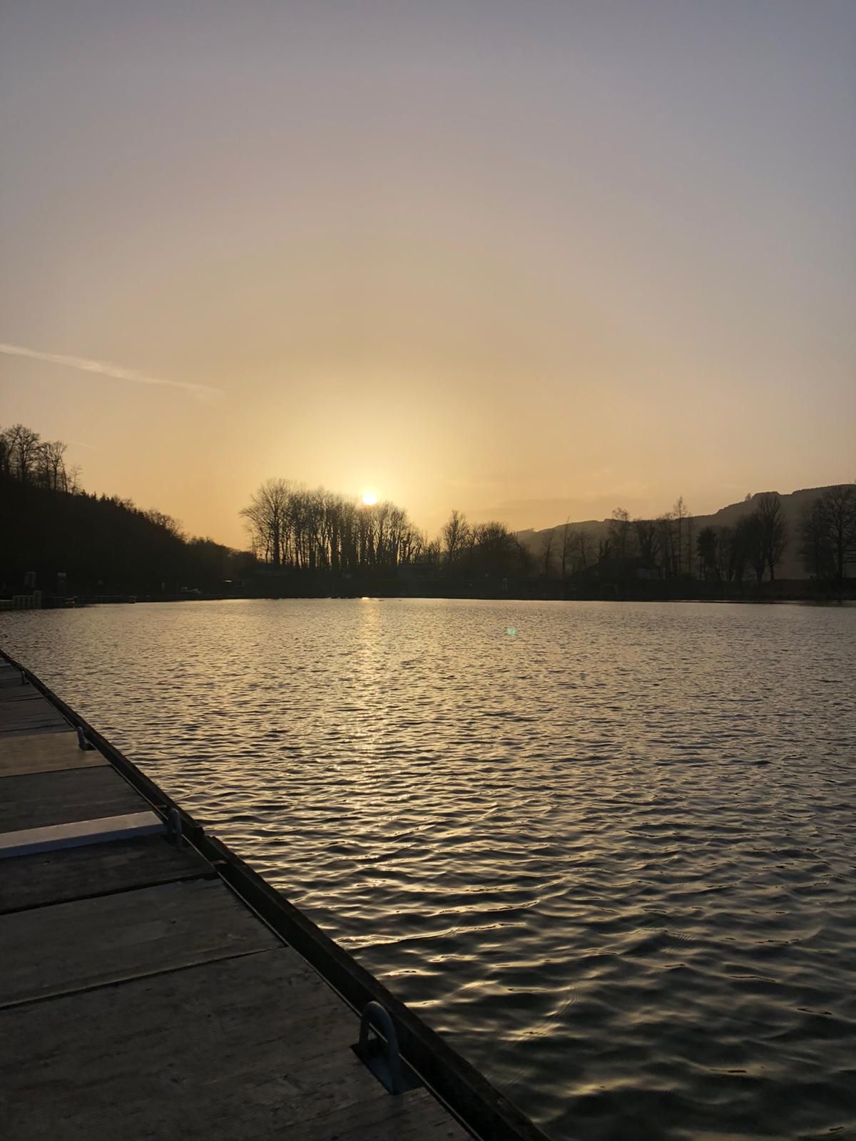 Sonnenuntergang über einem Hafen mit Steg und Bäumen im Hintergrund.