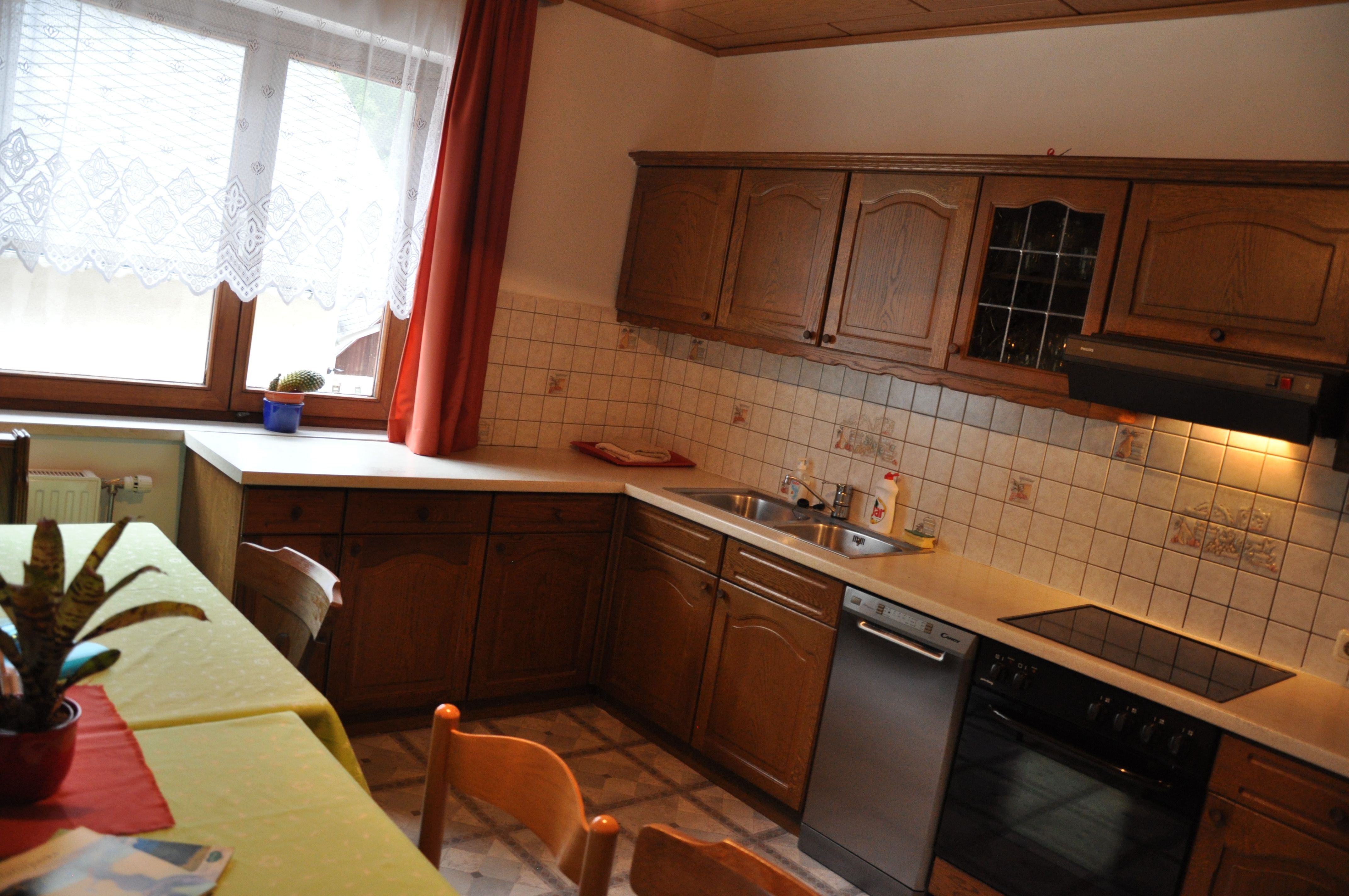 Küche mit Holzschränken, Spüle, Herd und Geschirrspüler. Fenster mit Gardine und Topfpflanze auf dem Tisch.