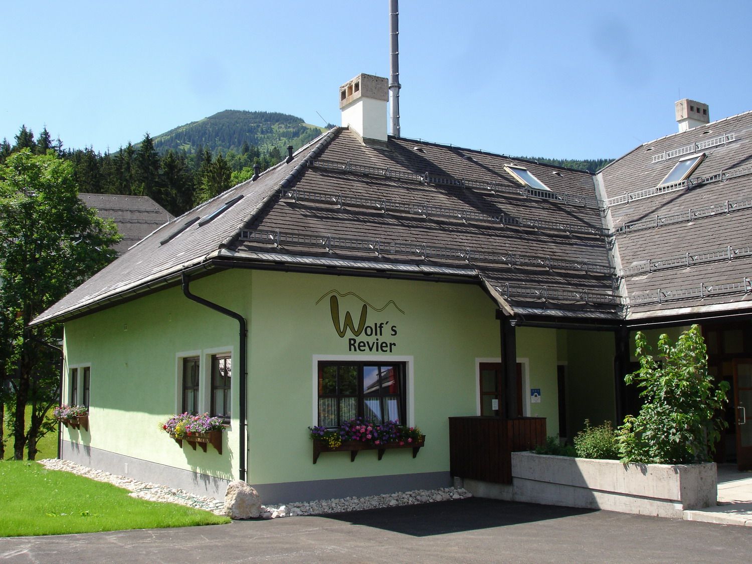 Ein grünes Gebäude mit der Aufschrift 'Wolf's Revier' und Blumenkästen vor den Fenstern, umgeben von Bäumen und Bergen im Hintergrund.