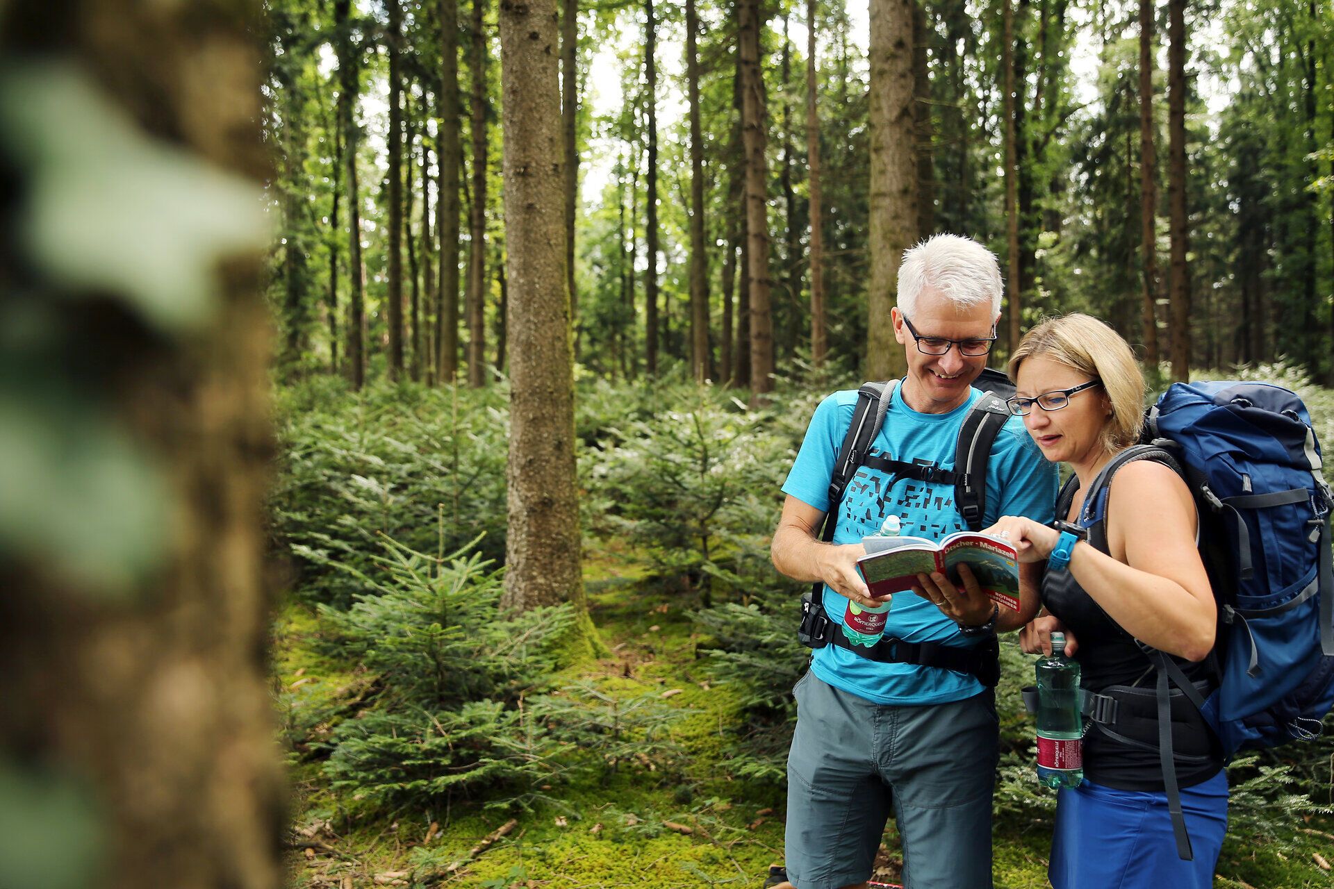 Inmitten der grünen Wälder des Pielachtals blüht die Natur in voller Pracht. Ein Paar genießt die Ruhe und die frische Luft, während sie in einem Buch blättern, das von den Schönheiten der Umgebung erzählt. Diese harmonische Verbindung von Wandern und Lesen schafft unvergessliche Momente in der Natur.