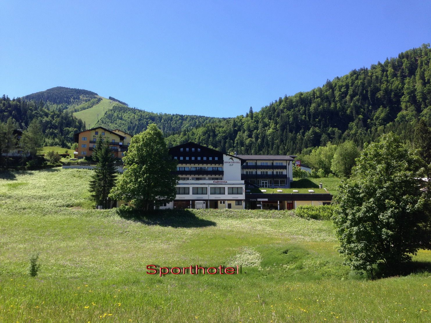 Ein Sporthotel in einer grünen Berglandschaft mit blauem Himmel.