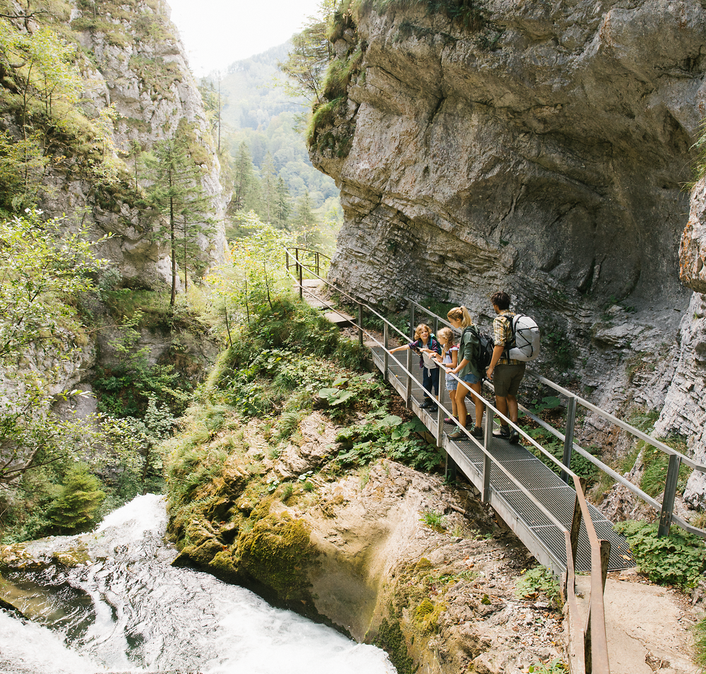 Ein malerischer Wanderweg führt durch die beeindruckende Schlucht, wo das Rauschen des Wassers harmonisch mit dem Gesang der Vögel verschmilzt. Familien genießen die frische Luft und die atemberaubende Natur, während sie die Schönheit des Naturparks Ötscher Tormäuer erkunden.