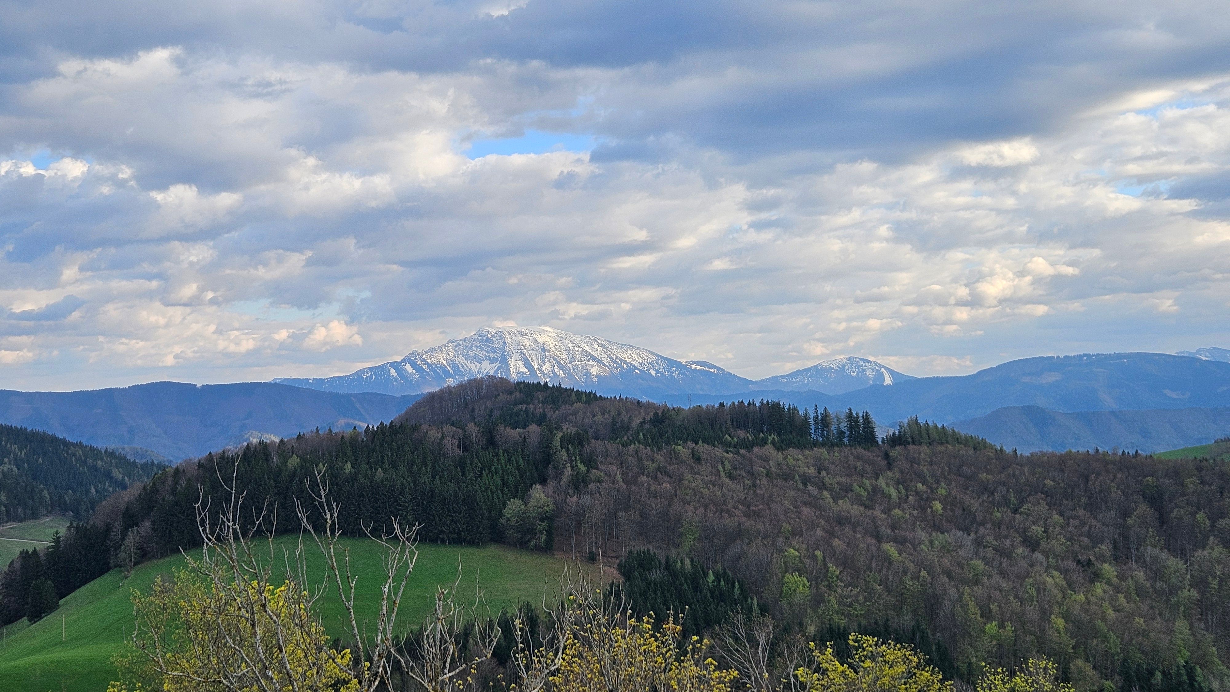 Aussicht von der Urlingerwarte auf den verschneiten Ötscher