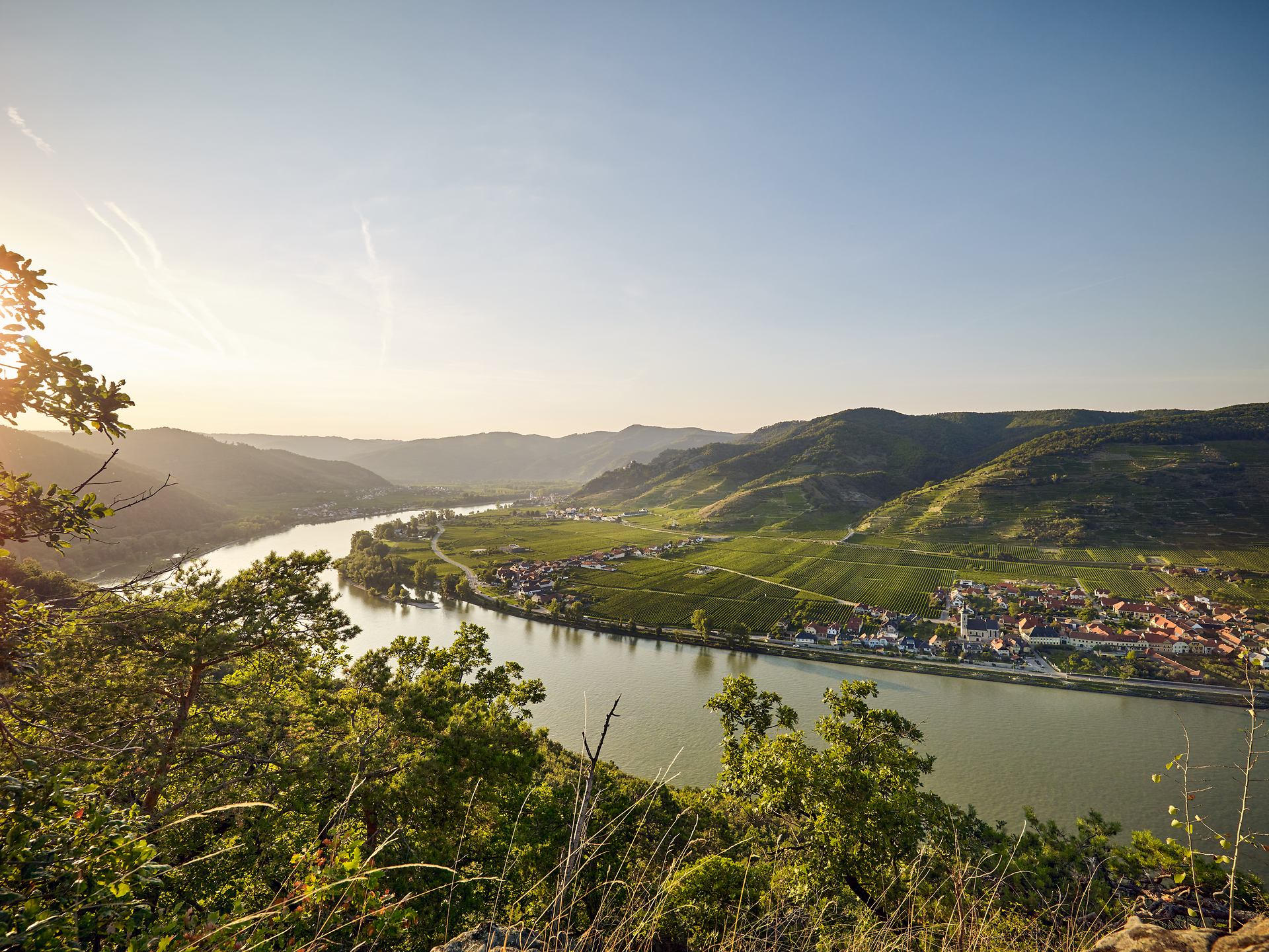 Die sanften Hügel des Dunkelsteinerwaldes umarmen die Donau, während die goldene Abendsonne die Landschaft in warmes Licht taucht. Weinreben schmiegen sich an die Hänge und laden zu einem genussvollen Spaziergang ein, während die ruhige Wasseroberfläche des Flusses die Schönheit der Umgebung widerspiegelt.