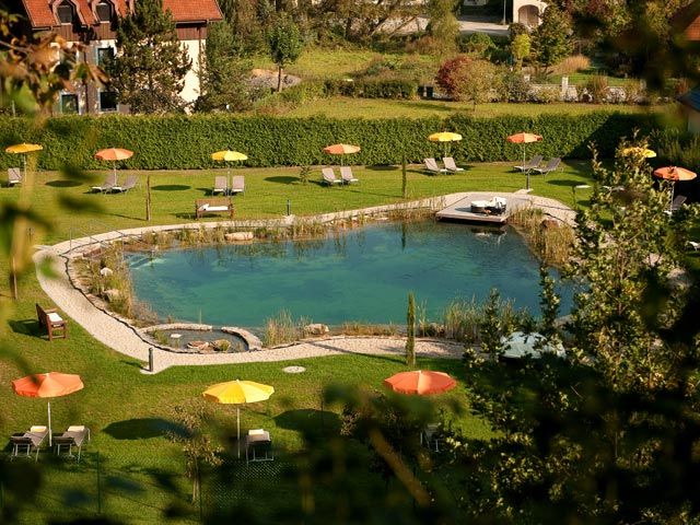 Ein natürlicher Schwimmteich mit Liegestühlen und bunten Sonnenschirmen auf einer grünen Wiese.