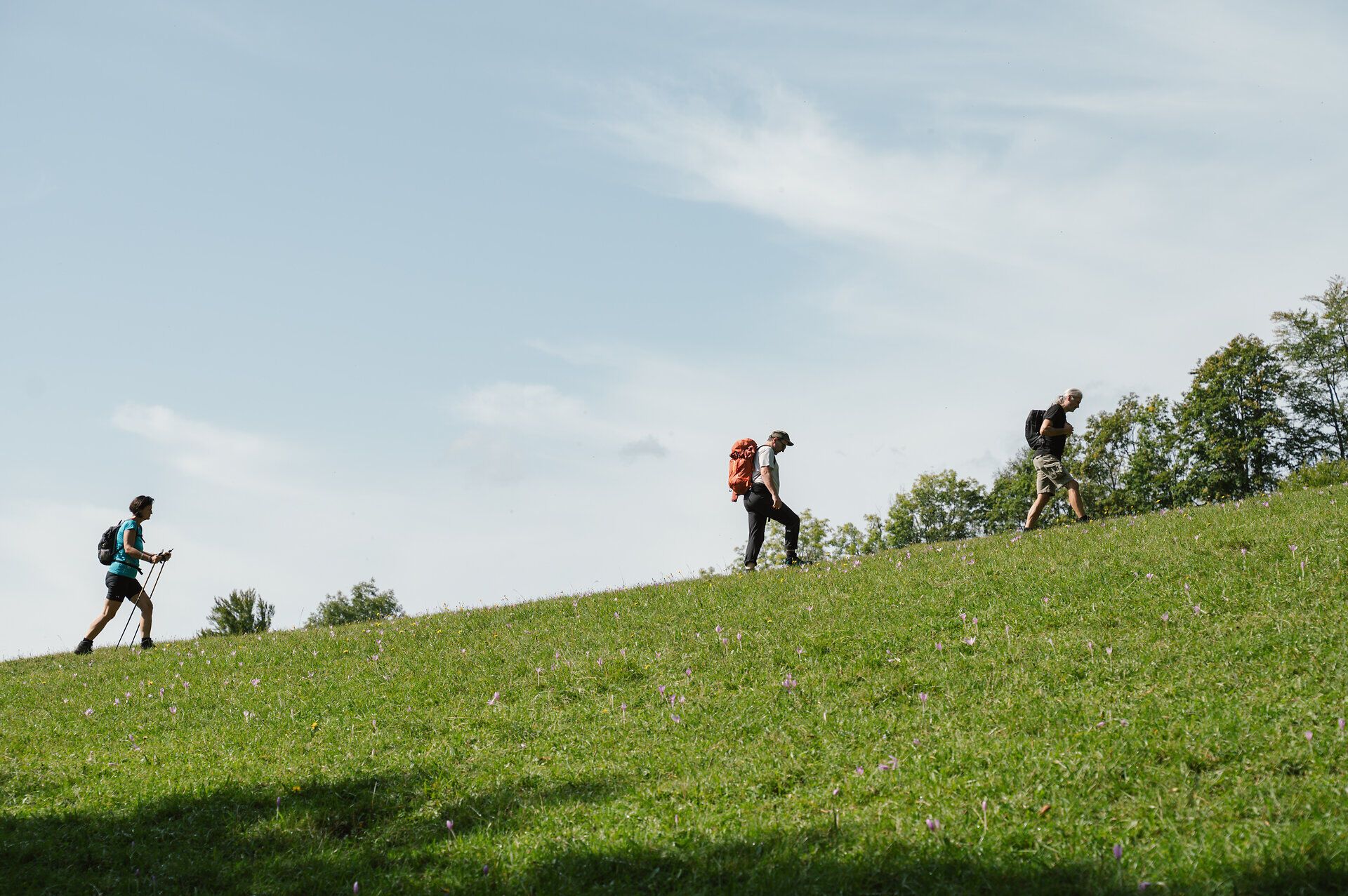 Wanderung zur Reisalpe im Rahmen der Gipfelklänge.
Gruppen wandern gemeinsam bergauf, begleitet von Musik und Vorfreude auf das Konzert am Gipfel.