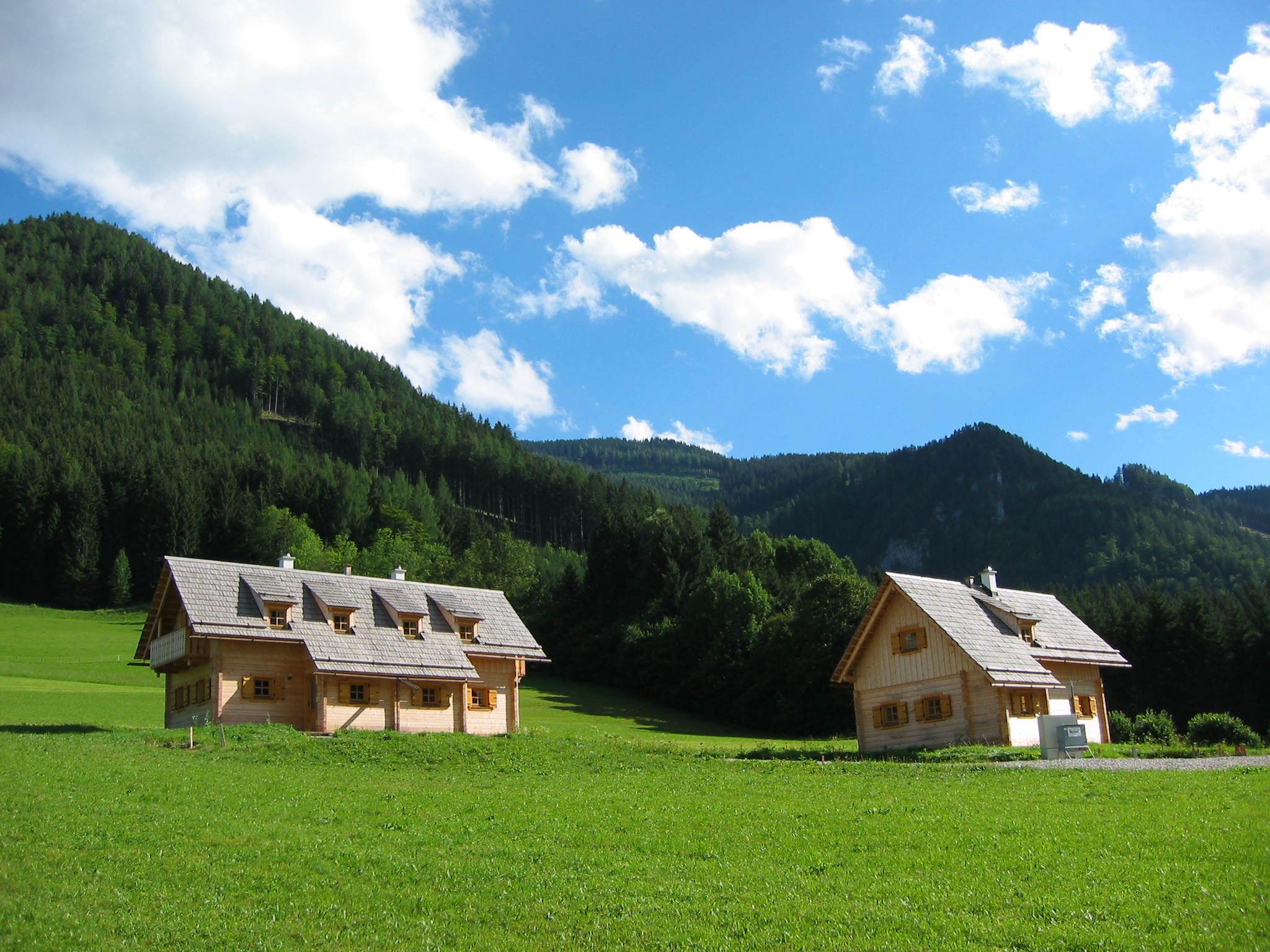 Zwei Holzhäuser auf einer grünen Wiese vor bewaldeten Bergen und blauem Himmel.