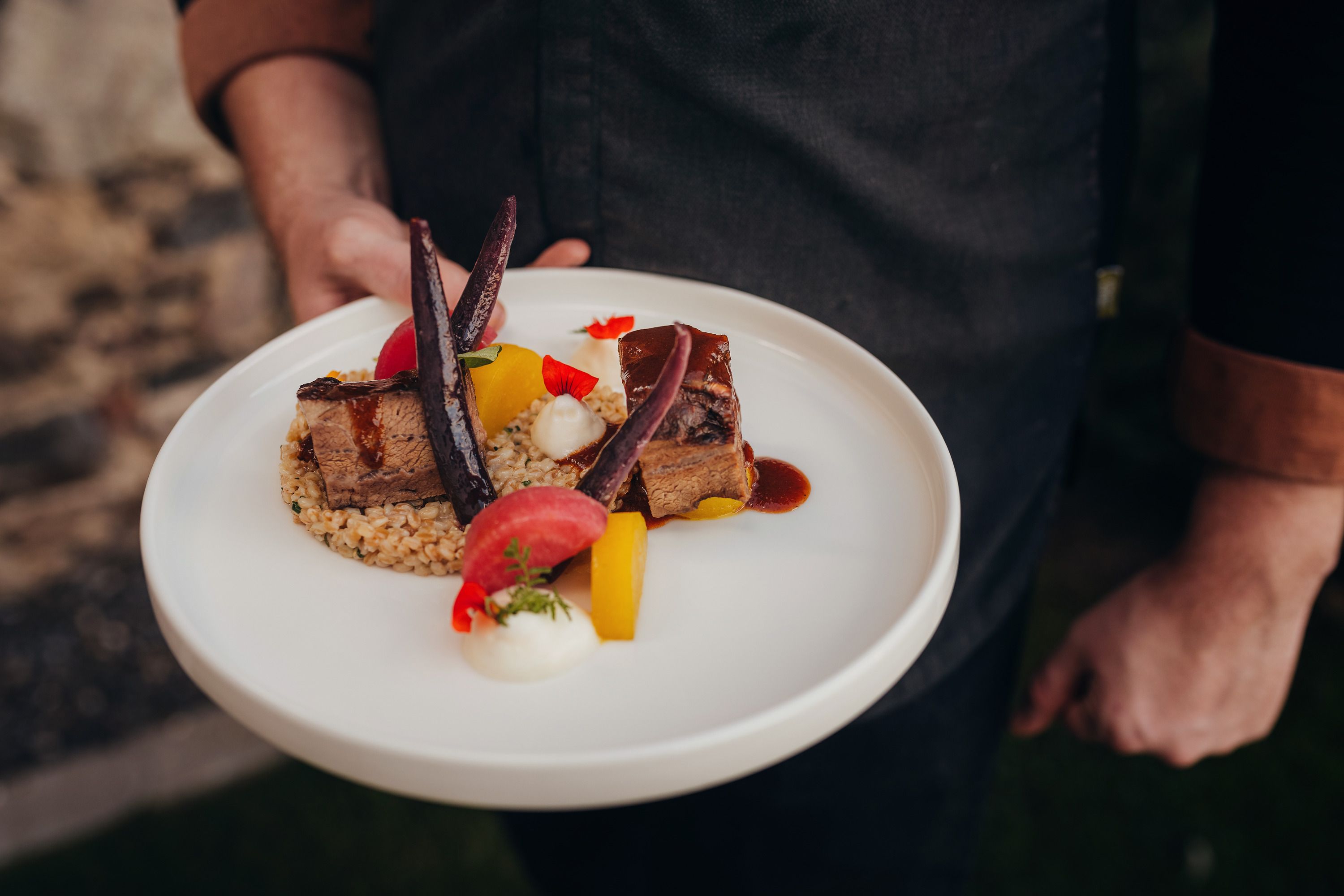 Ein Teller mit geschmortem Fleisch, Einkornrisotto, Erdäpfelschaum und Rüben-Variation.