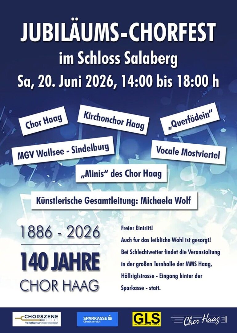Blau Weißes Plakat mit Schriftzügen